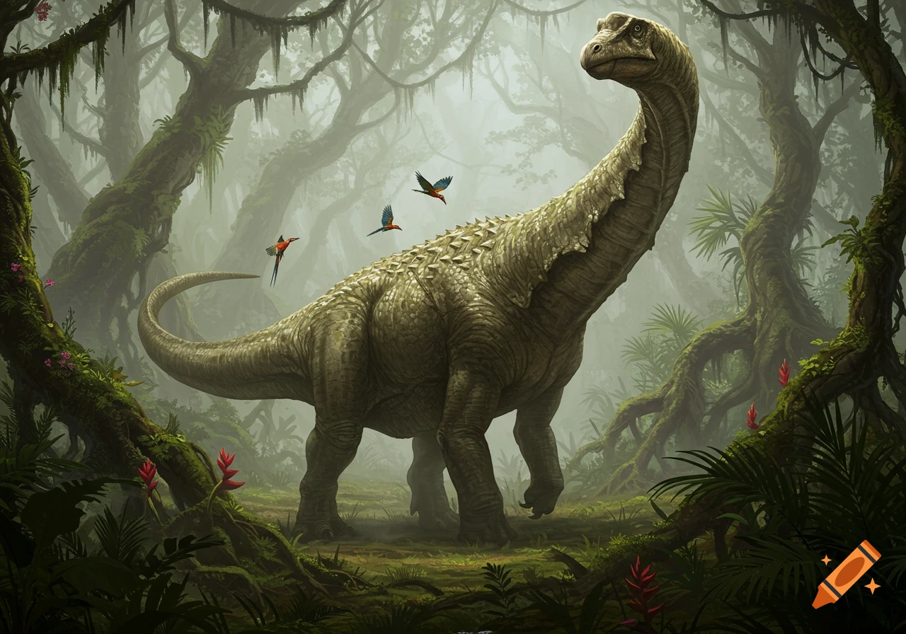 A large, long-necked dinosaur stands among lush trees in a misty jungle as small, colorful birds fly around it, digital art.