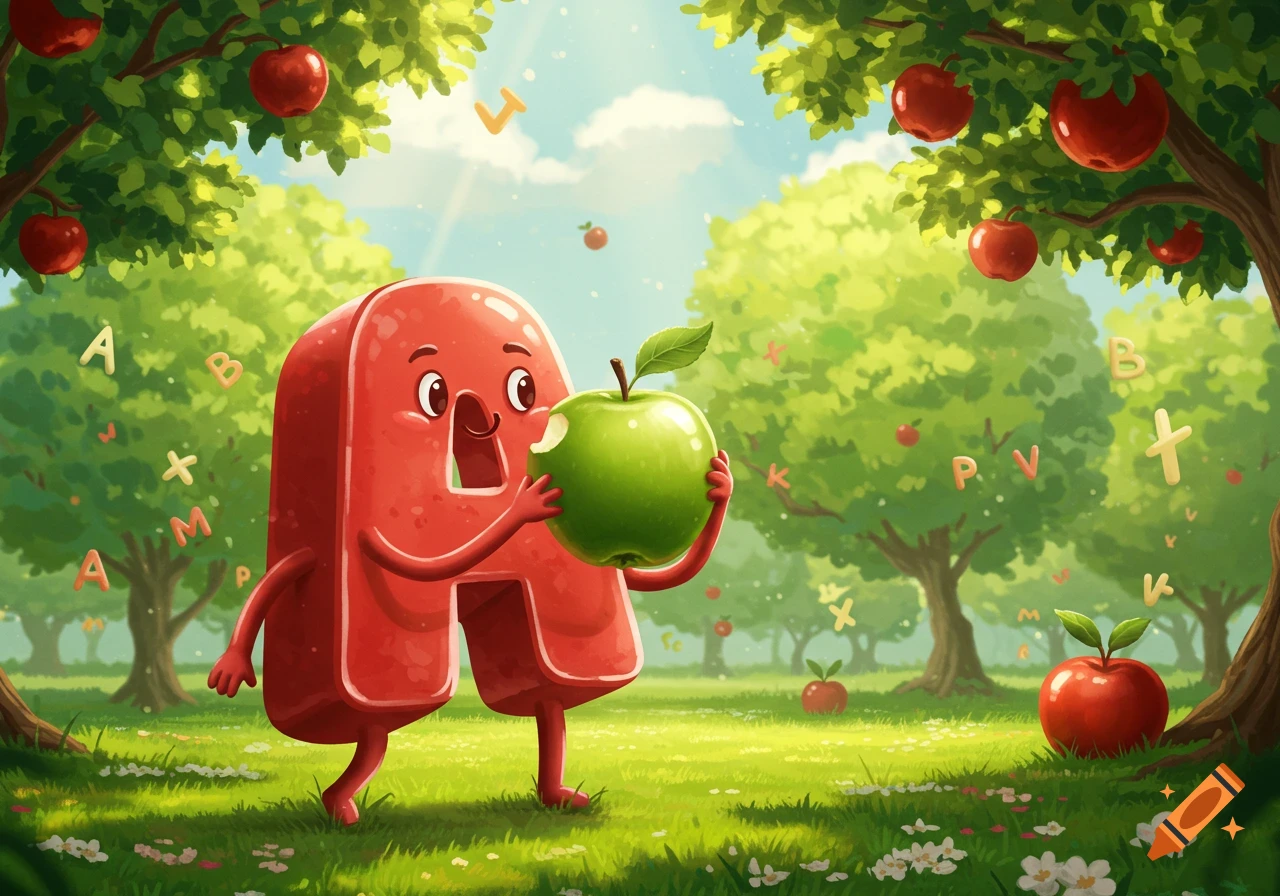 A friendly red letter A character holding a bitten green apple in a vibrant cartoon orchard with floating letters.