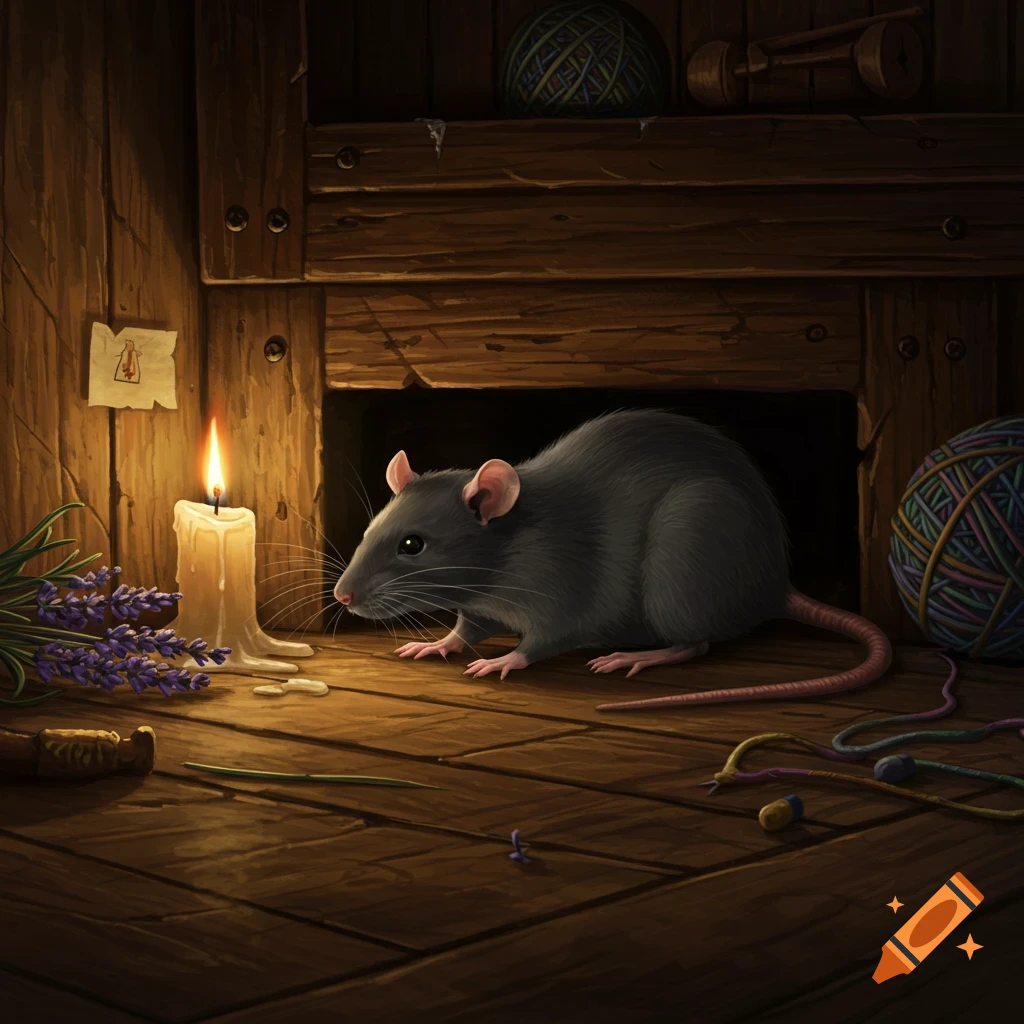 A grey rat stands on a wooden floor in a dimly lit corner next to a burning candle, lavender, and yarn balls.