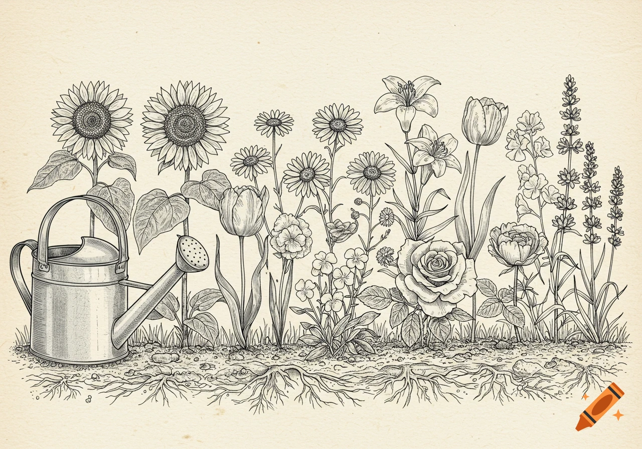 A black and white vintage botanical illustration of a garden with a watering can and various flowers including sunflowers, tulips, roses, and lavender.