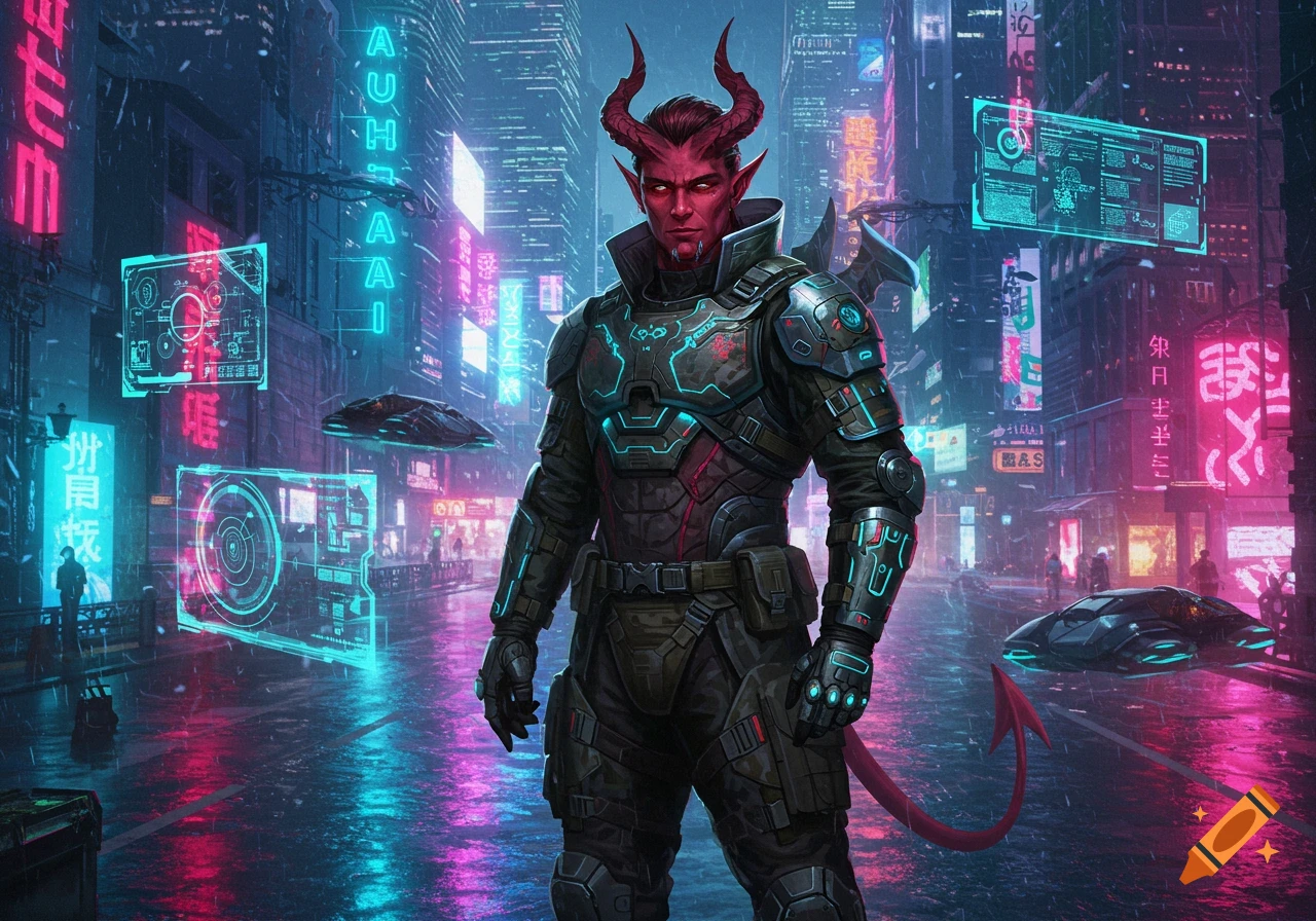 A red-skinned, horned Tiefling in futuristic military armor stands on a rainy cyberpunk street with neon signs and flying cars.