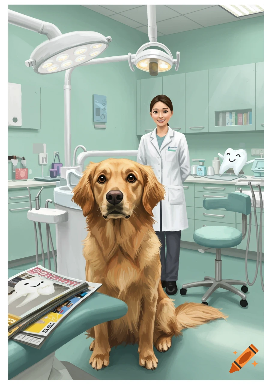 An illustration of a golden retriever sitting in a dental office with a smiling female dentist.