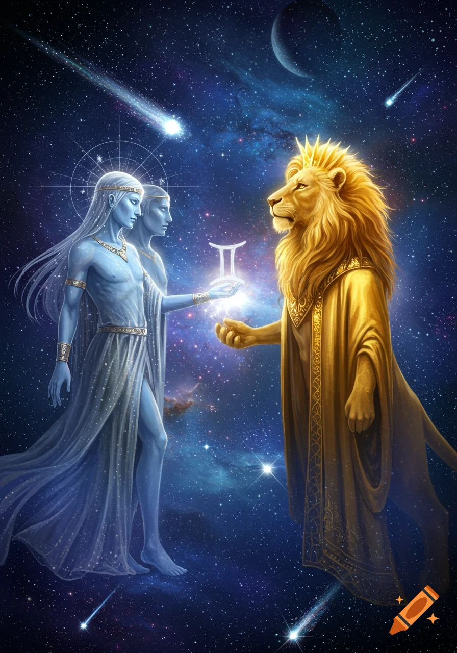 Blue-skinned twins offer a glowing Gemini symbol to a regal golden lion-man in a starry cosmic sky with meteors.