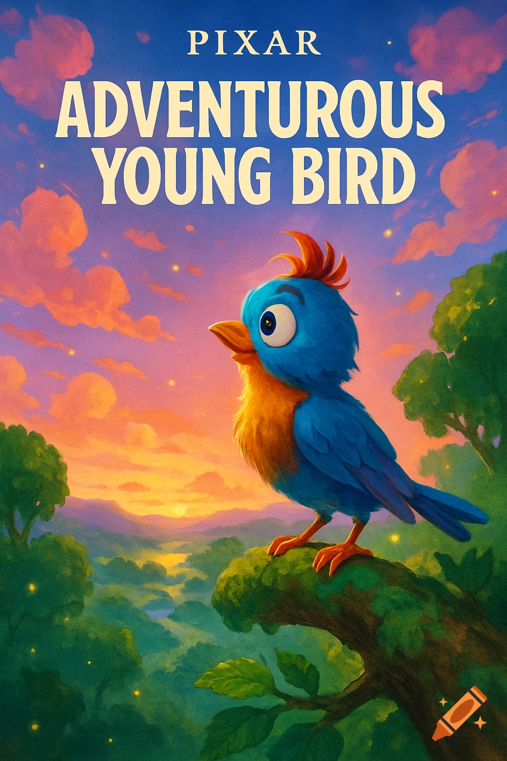 A vibrant Pixar-style movie poster features a blue and orange bird on a branch against a sunset sky with text "PIXAR" and "ADVENTUROUS YOUNG BIRD".