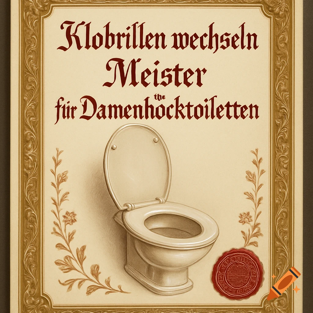 A vintage-style certificate with a golden frame, a red wax seal, and elegant German text about toilet seat master for ladies' squat toilets. A stylized toilet is depicted below the text.
