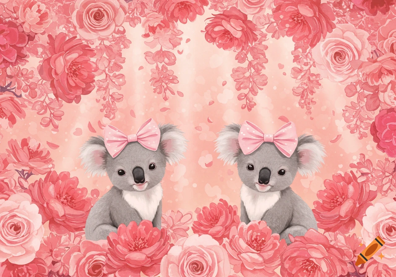 Two cute baby koalas with pink bows sit among abundant pink watercolor flowers on a soft pink background.