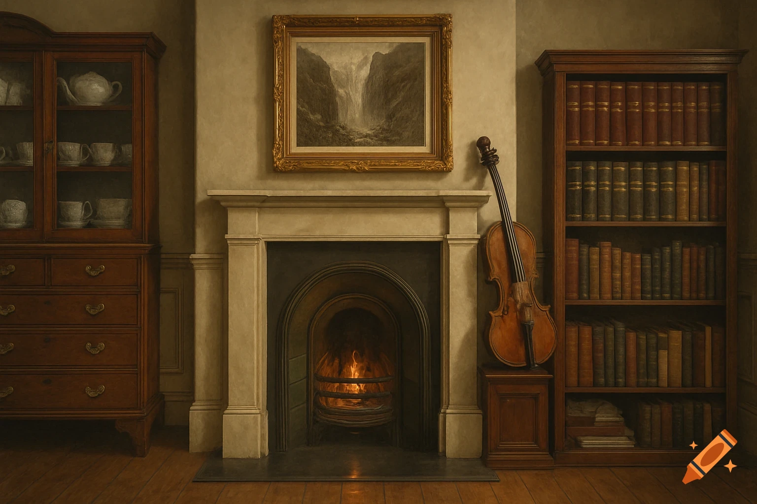 A well-furnished, classical study room with a lit fireplace, a large wooden bookcase, a china cabinet, and a violin leaning against the mantel.