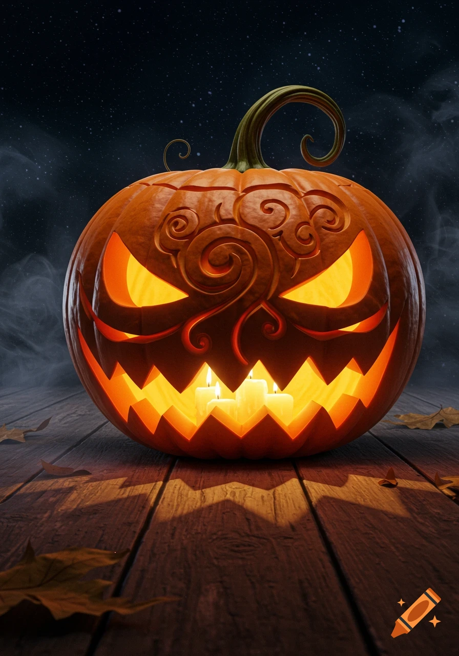 A glowing, intricately carved jack-o-lantern with candles sits on wooden planks with fallen leaves under a starry night sky.