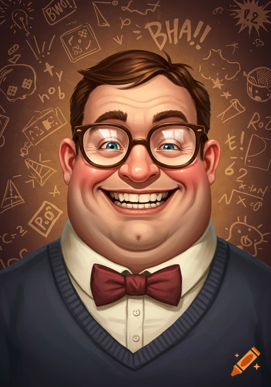 A cartoonish caricature of a smiling, nerdy man in glasses and a bow tie, with mathematical scribbles and exclamations in the background.