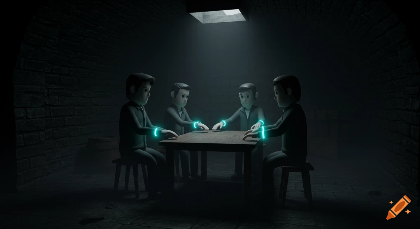 Four stylized 3D characters with glowing cyan wristbands sit around a wooden table in a dimly lit, stone-walled cellar.