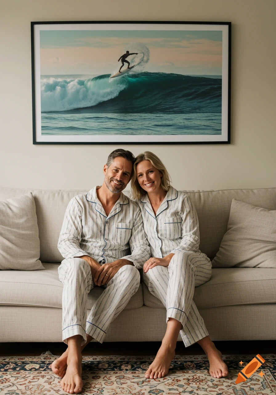 A smiling couple in striped pajamas sitting on a beige sofa, with a framed picture of a surfer on a wave behind them, photorealistic.