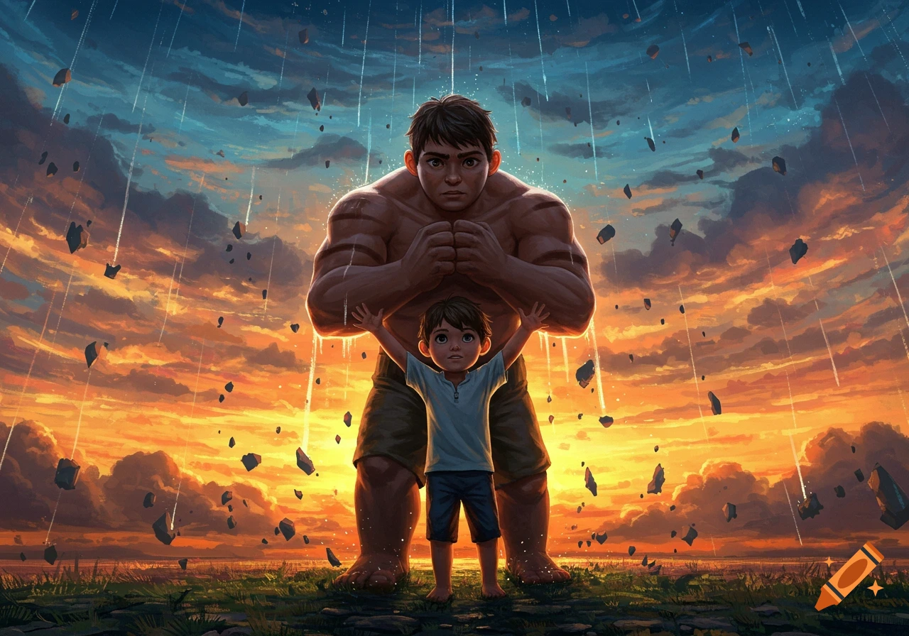 A muscular man stands protectively behind a small child looking up at a dramatic sunset sky with falling debris in an illustrated style.