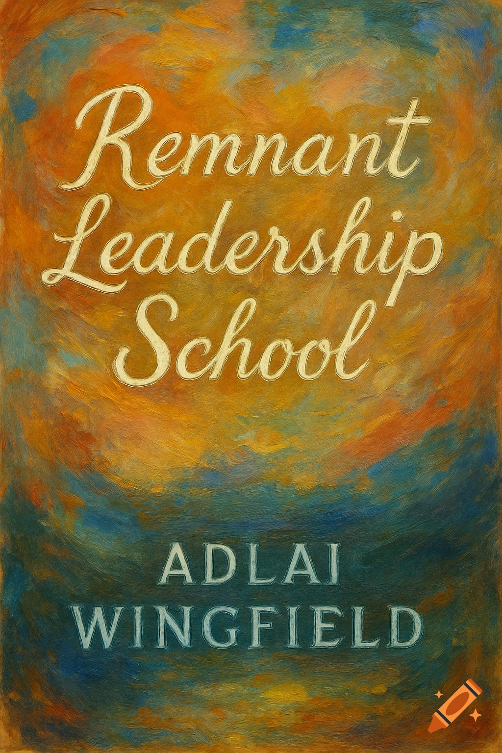 A book cover titled "Remnant Leadership School" by Adlai Wingfield, featuring an impressionistic background of warm oranges fading into deep blues.