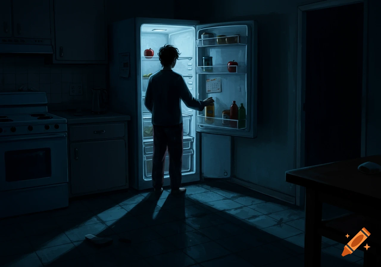 Illustrative image of a person opening a glowing refrigerator in a dark kitchen at night, casting long shadows.
