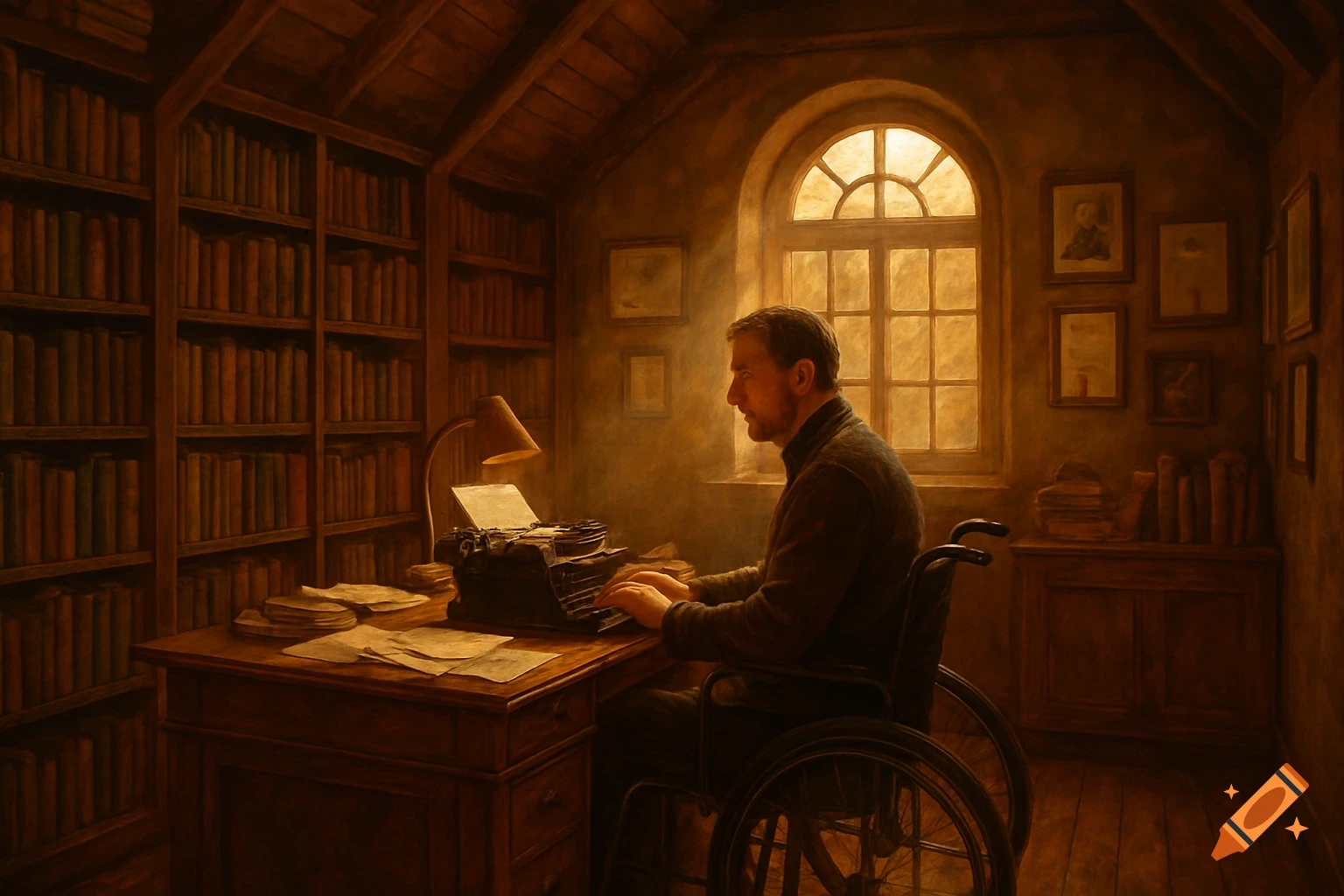 A man in a wheelchair types on a vintage typewriter at a desk in a dimly lit, cozy study lined with bookshelves, bathed in warm light from an arched window.