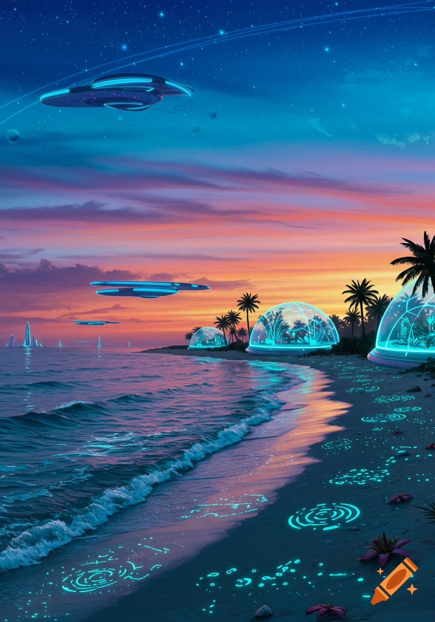 Vibrant futuristic beach at sunset with UFOs, glowing domes, bioluminescent patterns on sand, and a starry sky.