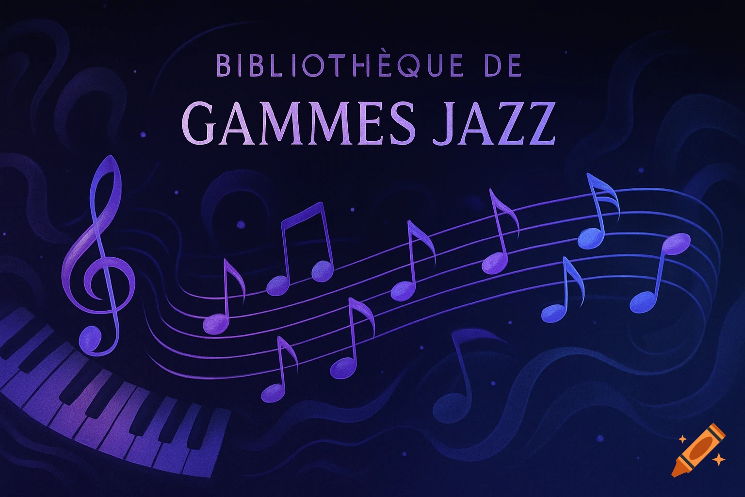 Digital illustration with a purple treble clef, musical notes on a staff, and piano keys on a dark background. Text reads 'Bibliothèque de Gammes Jazz'.