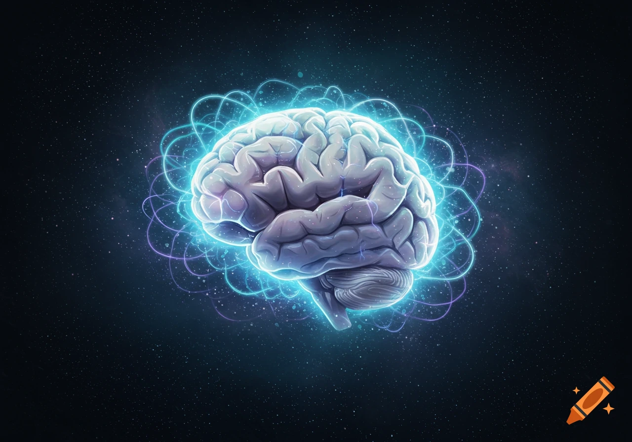 A glowing brain surrounded by blue and purple energy lines against a dark, starry background, in a stylized digital art style.