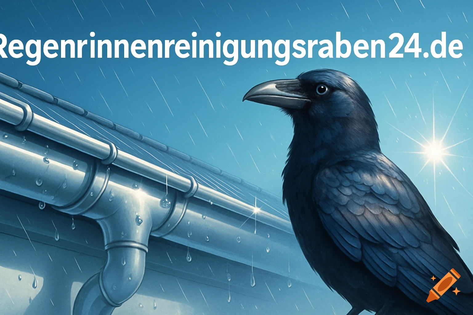 Black crow on a silver rain gutter in the rain with website text 'Regenrinnenreinigungsraben24.de'.