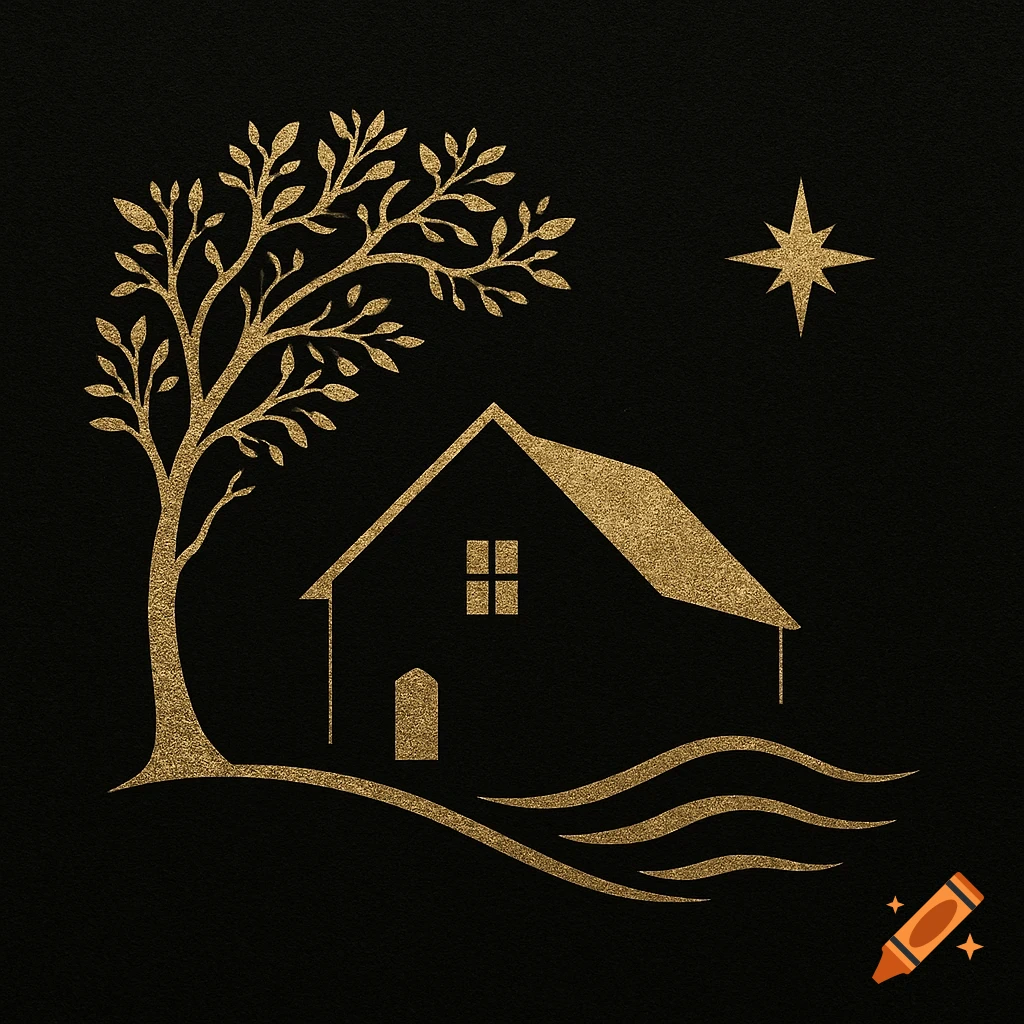 Gold silhouette of a house with a tree, three waves, and a star on a black background.