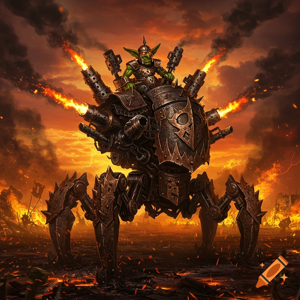 A green goblin pilots a heavily armed, spider-like war machine firing flames on a burning battlefield under an orange, smoky sky.