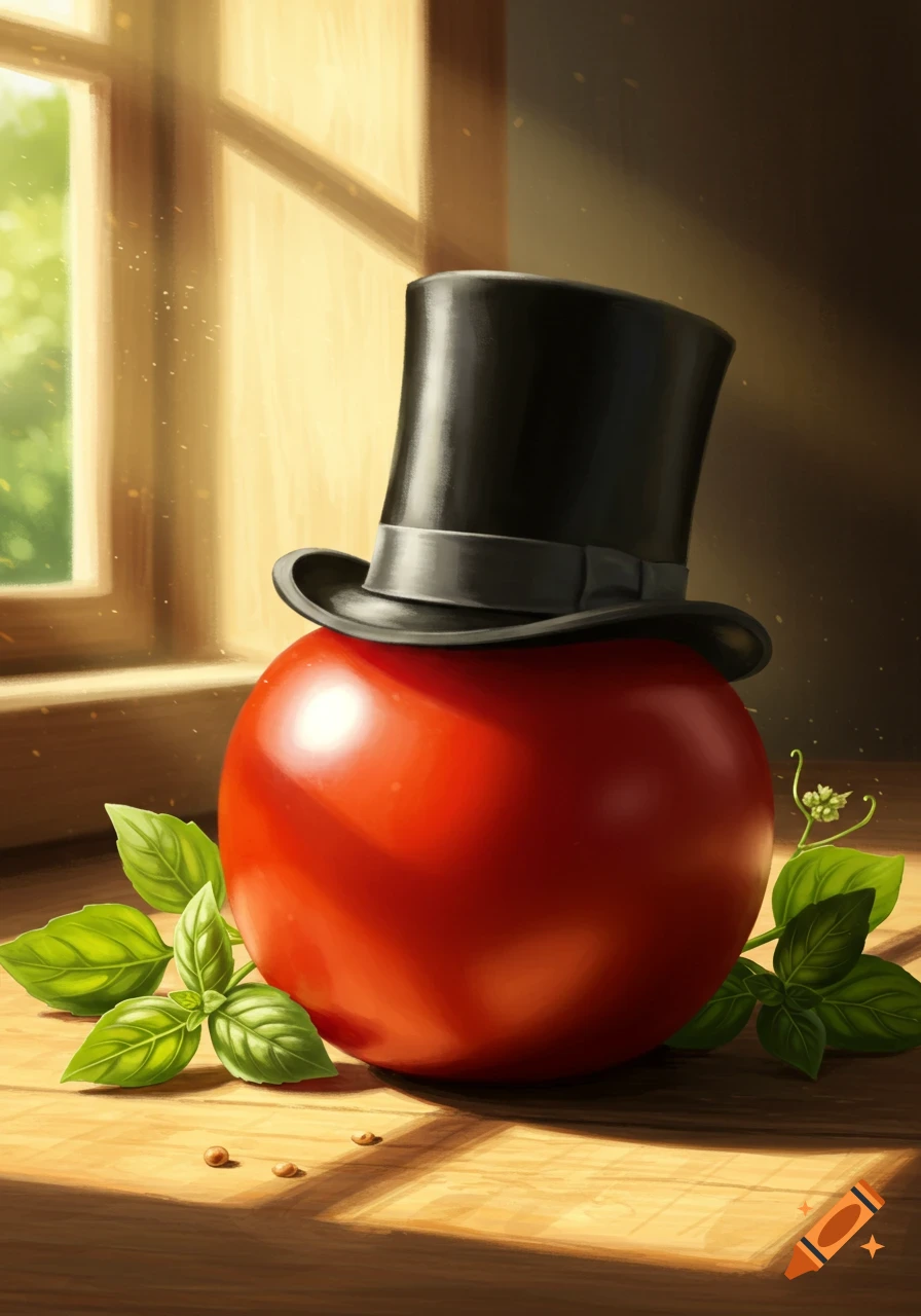 A photorealistic red tomato wearing a black top hat, surrounded by green basil leaves, sits on a sunlit wooden surface.