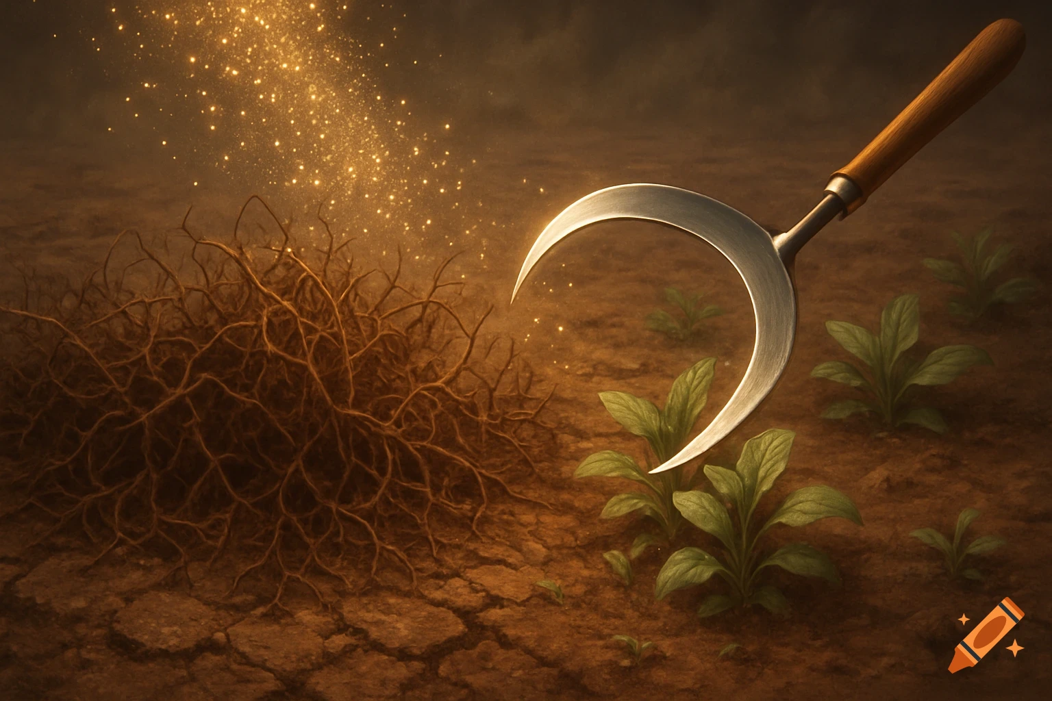 A sickle over cracked earth with tangled roots, small green plants, and golden shimmering particles.