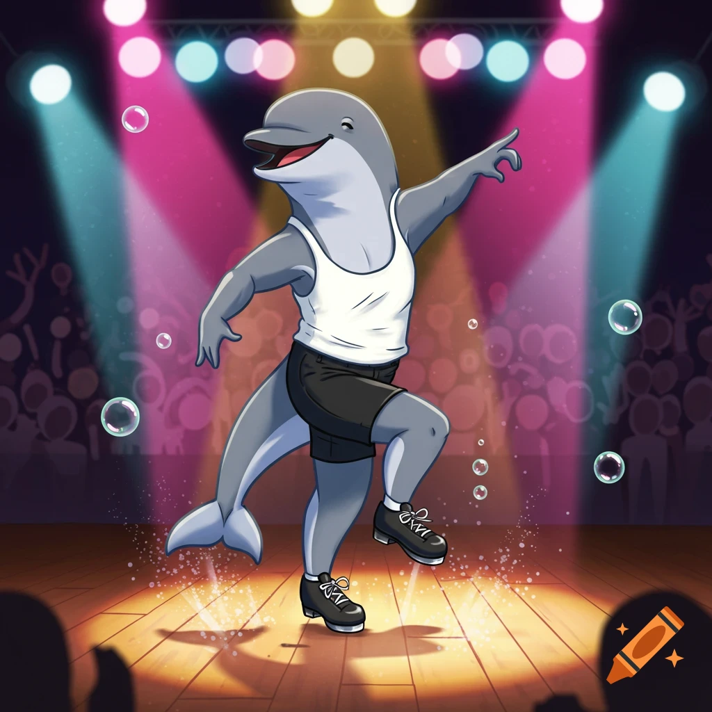 A happy anthropomorphic cartoon dolphin in a white tank top and black shorts tap dances on a brightly lit stage.