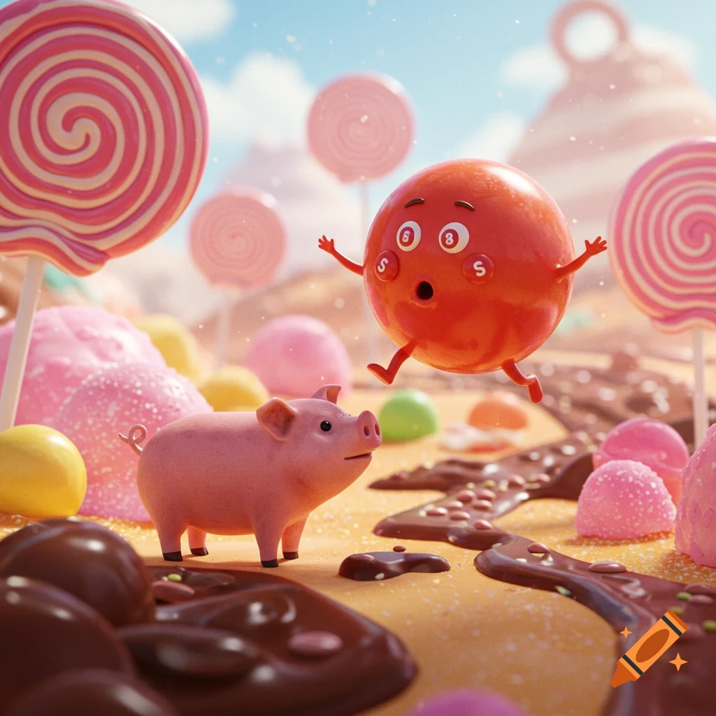 A cartoon pig looks at a surprised red Skittle character with S's on it, floating in a whimsical candy land with lollipops and chocolate.