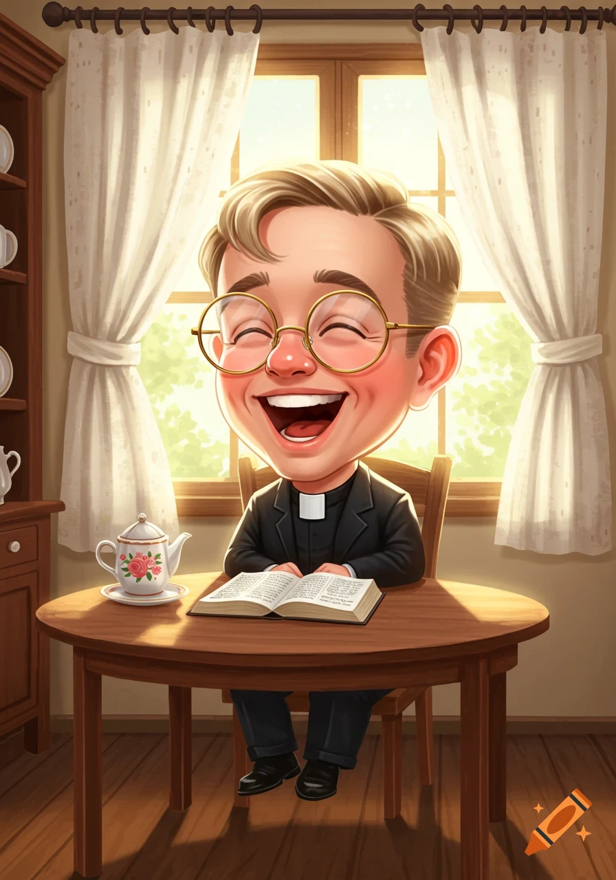 Cartoon caricature of a jovial young pastor with glasses, laughing as he sits at a table with an open book and teapot.