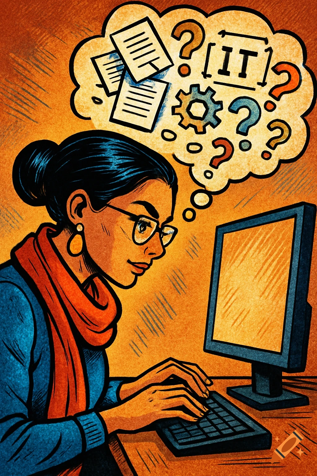 Comic-style illustration of a woman in glasses working on a computer, thinking about IT, documents, and questions.