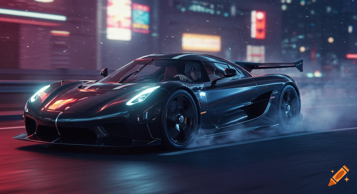 A black Koenigsegg Jesko, driven by Bachira from Blue Lock, speeds through a futuristic neon city street at night, smoke trailing tires.