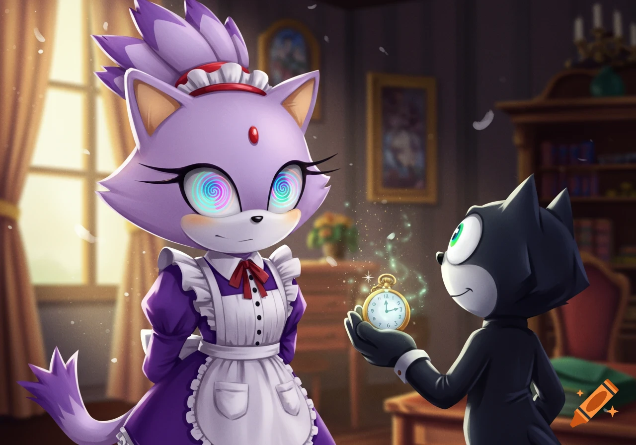Blaze the Cat in a purple maid outfit with spiral eyes is hypnotized by Felix the Cat, who holds a glowing pocket watch in a room.
