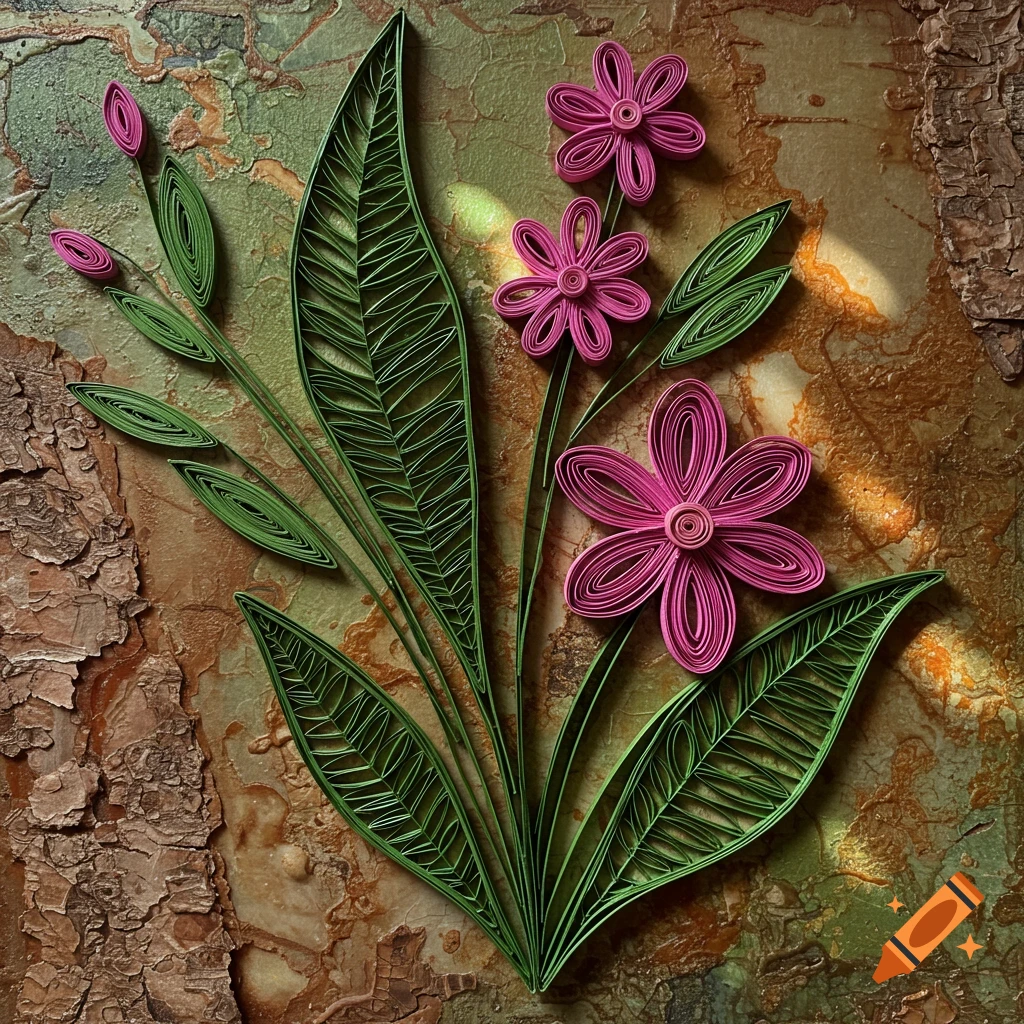 Photorealistic quilling paper art of pink flowers and green leaves on a textured background of bark and wax.