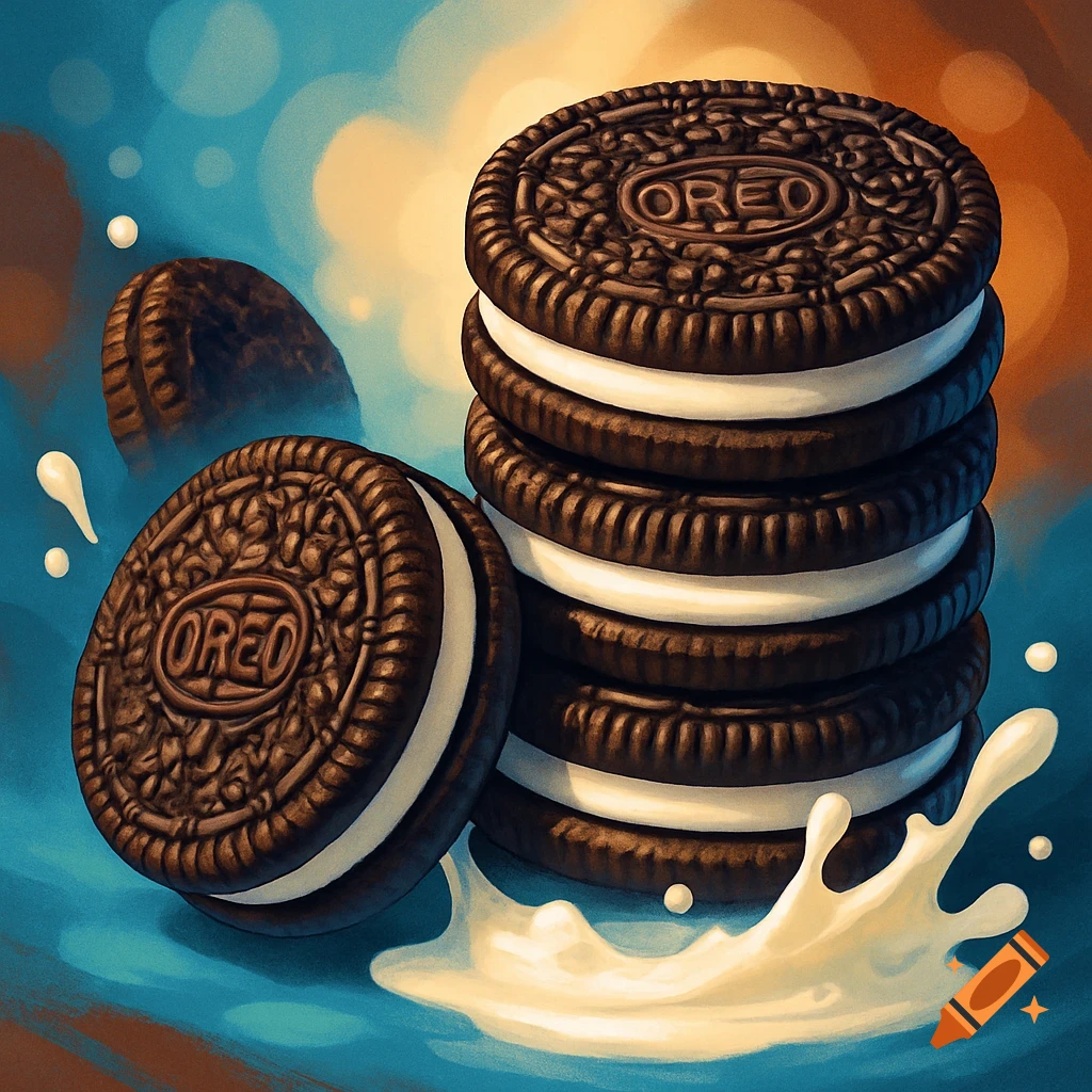 Illustrative image of stacked Oreo cookies and a single cookie splashing into milk against a blue and orange background.
