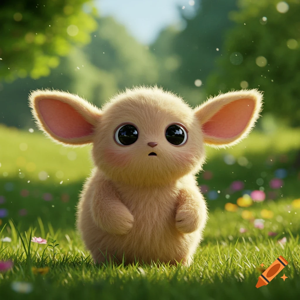 A cute, fluffy, light brown creature with large black eyes and big ears stands in a vibrant green field with flowers.