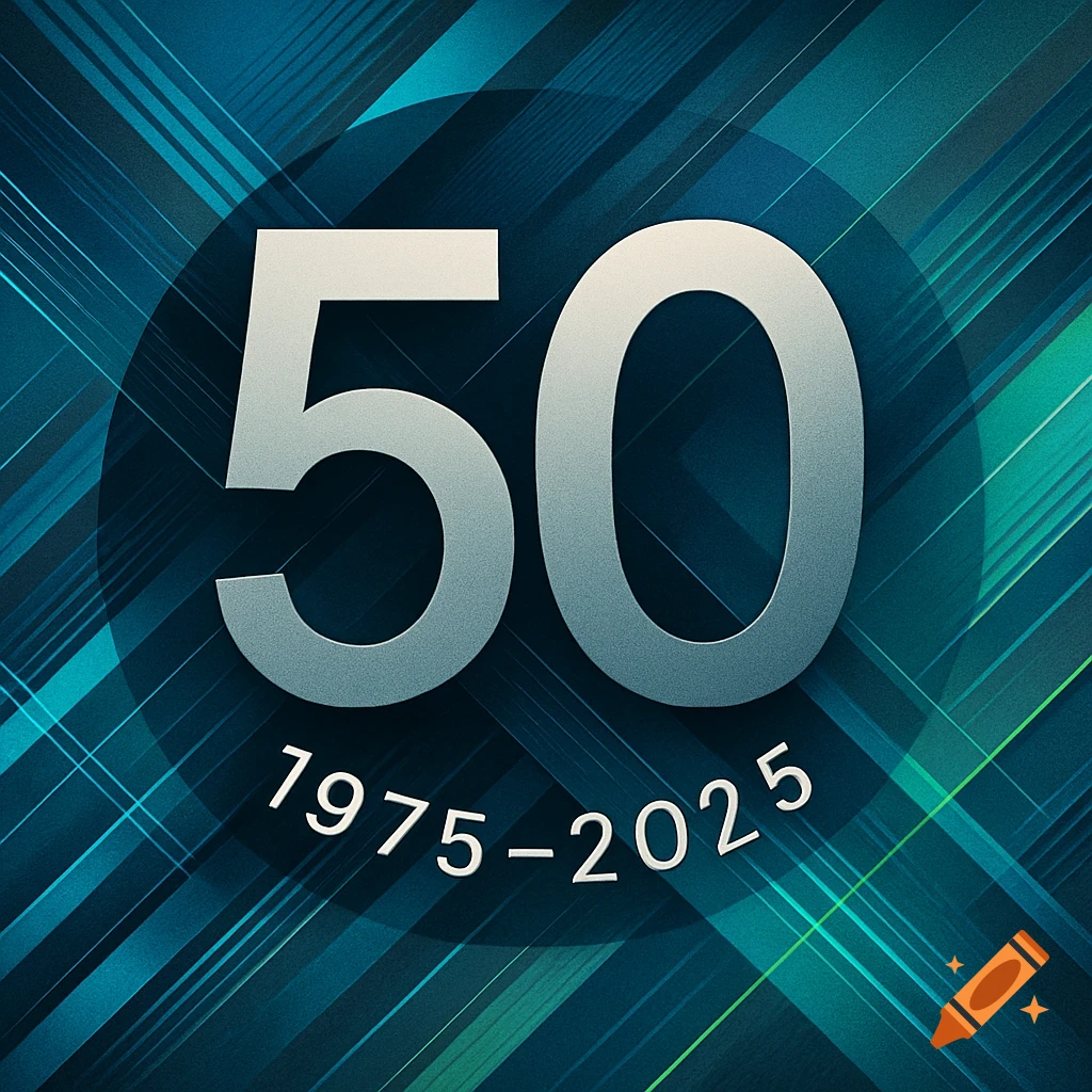 A large metallic '50' with smaller '1975-2025' below, on a dark blue and green abstract background with diagonal lines.