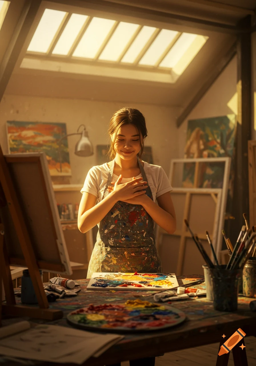 A young woman in a paint-splattered apron smiles with hands over her heart in a sunlit art studio, surrounded by canvases and art supplies.