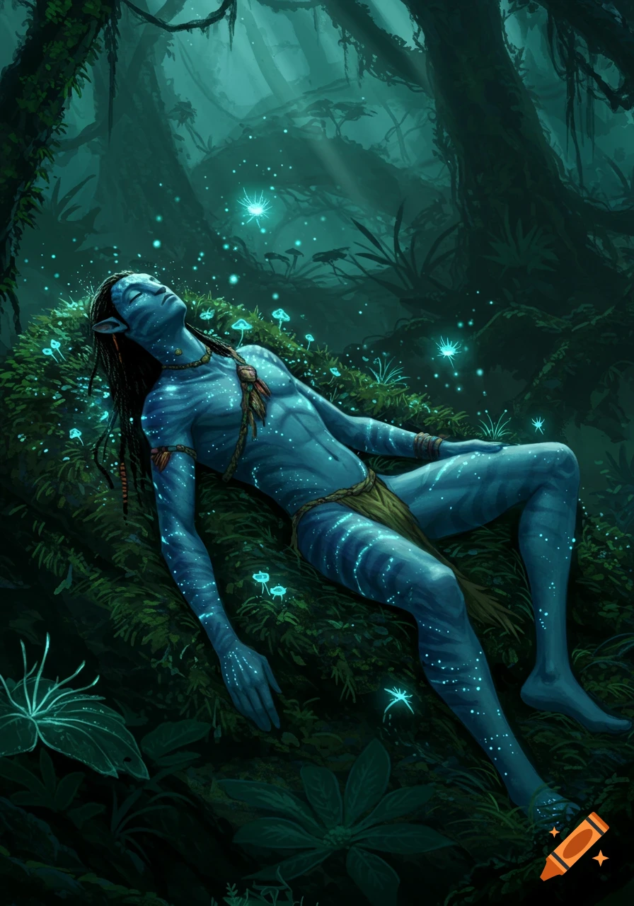 An unconscious male Na'vi from Avatar, with glowing patterns, sleeping in a lush bioluminescent jungle.