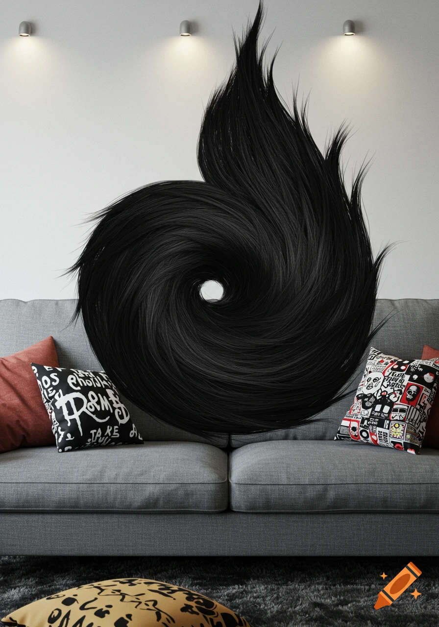 A gray IKEA sofa with red, black, and white decorative pillows. Above the sofa, a large, black, swirled mass of hair-like material with spiky ends covers the wall, resembling a stylized emo fringe.