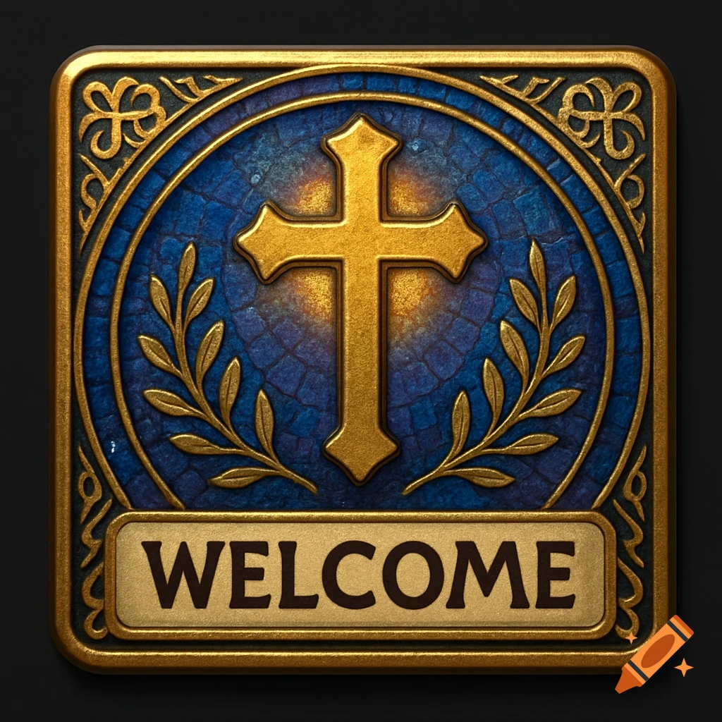 Ornate golden badge with a cross and olive branches on a blue textured background, featuring 'WELCOME' text.