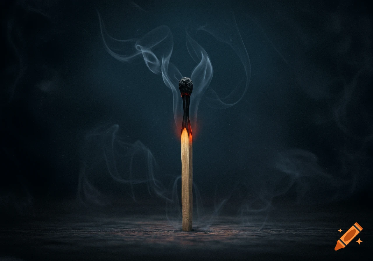 A burnt matchstick with a glowing orange ember and wisps of smoke against a dark, moody background.