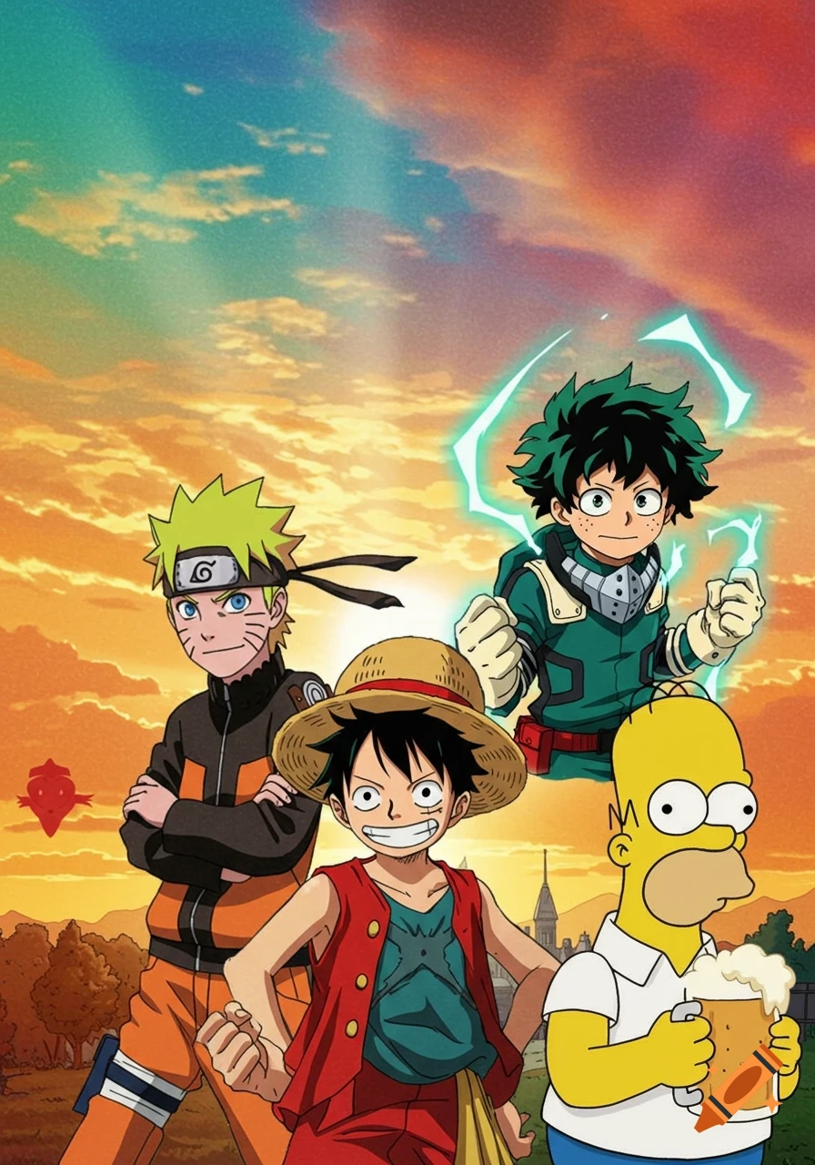 Naruto, Luffy, Deku with glowing energy, and Homer Simpson holding a beer, pose together at sunset.