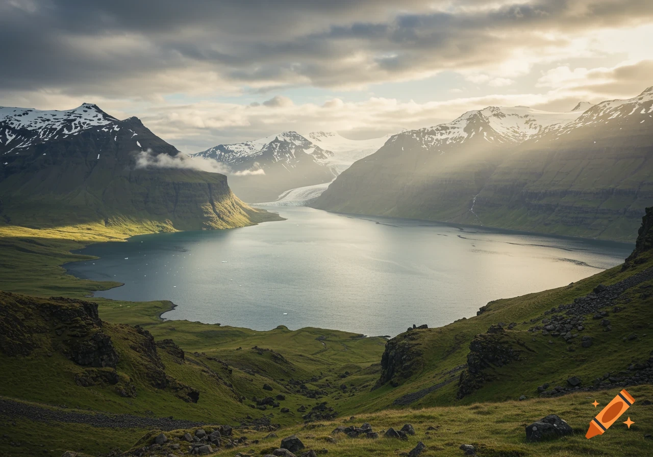 A vast fjord surrounded by green, snow-capped mountains under a cloudy sky with sun rays shining on the water.