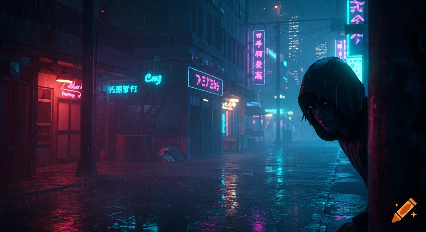 A mysterious hooded figure peeks from behind a pillar on a dark, rainy, neon-lit cyberpunk city street.
