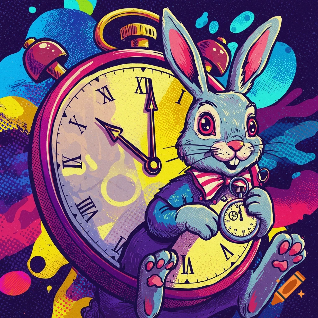 A stylized pop art illustration of a blue rabbit in a bow tie sitting against a large clock, holding a smaller pocket watch.