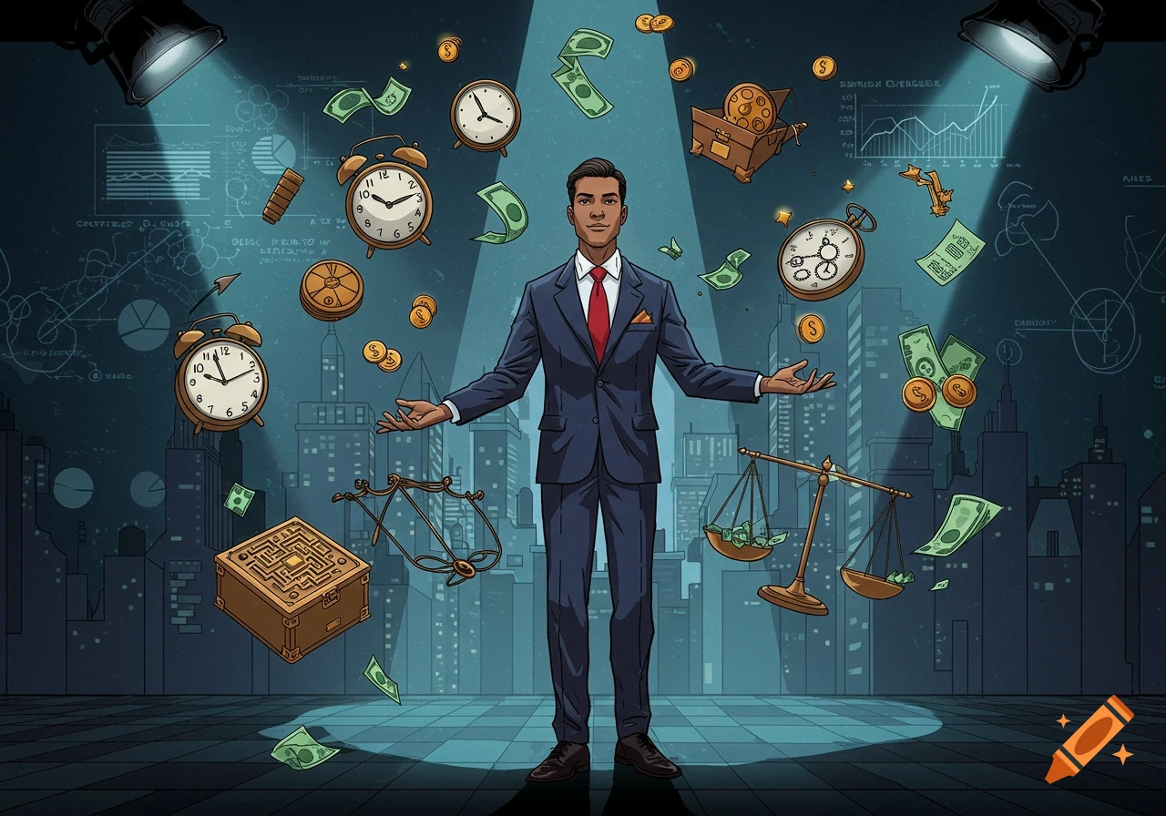 A cartoon man in a suit stands center, hands outstretched, surrounded by floating clocks, money, scales, gears, and boxes against a dark city backdrop with glowing spotlights.