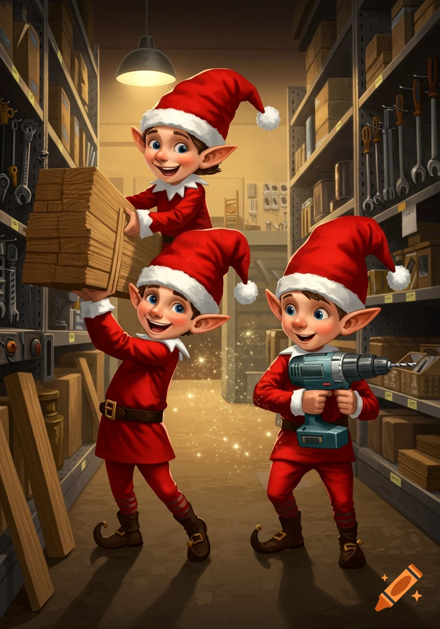 Three cheerful Christmas elves in a busy workshop, one carrying lumber, another holding a drill, surrounded by sparkling magic.