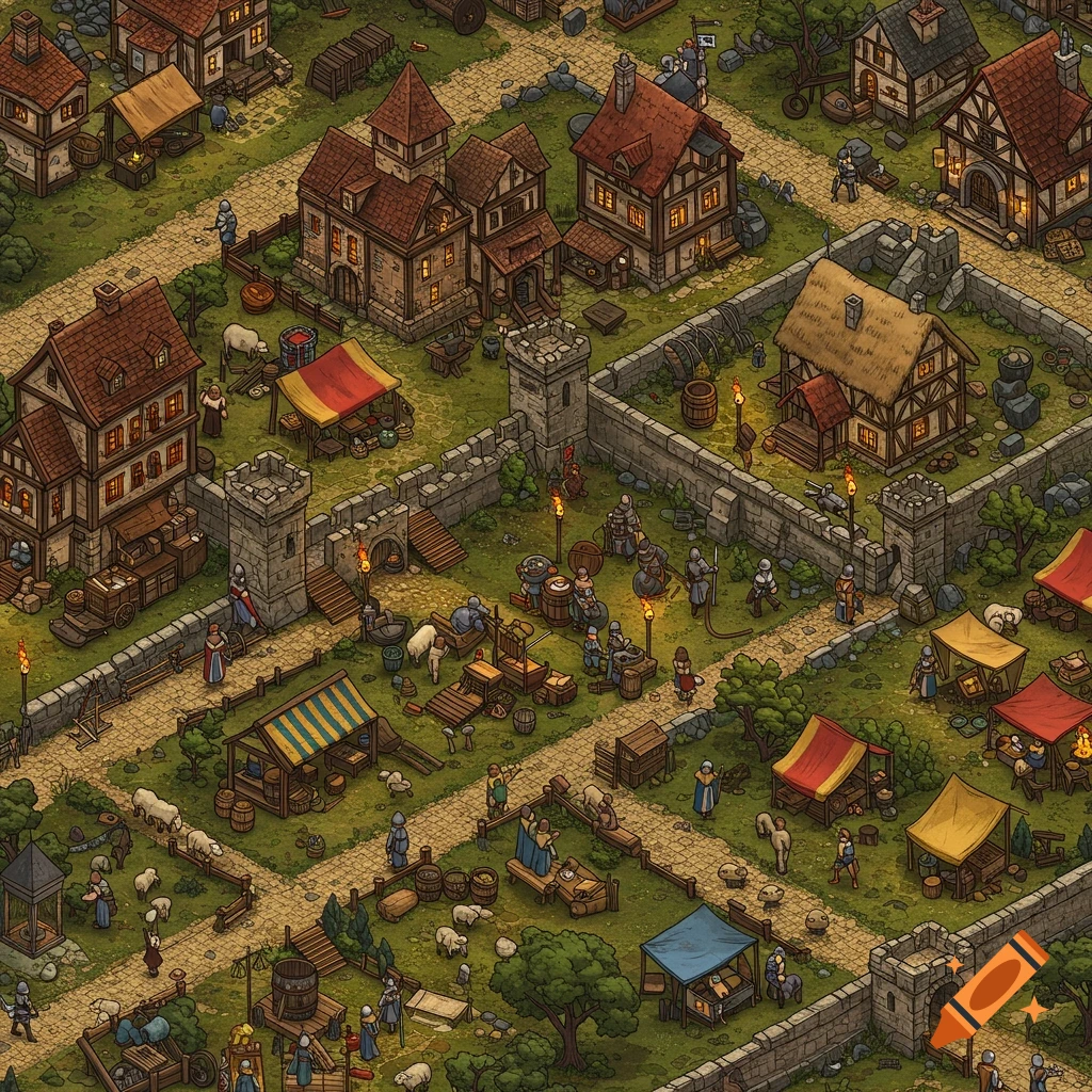 An isometric view of a bustling medieval town, featuring buildings, market stalls, walls, and numerous small figures engaged in daily activities.