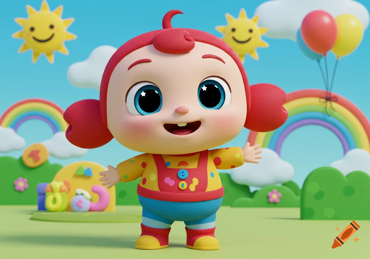 A cute, colorful, big-eyed cartoon baby character with red hair, wearing a yellow polka-dot shirt and blue pants, stands in a vibrant outdoor scene with smiling suns, rainbows, and balloons.